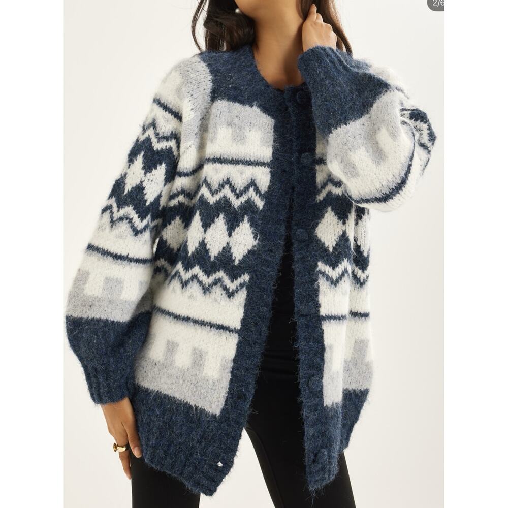 Vita Grace Aspen Fair Isle Gray Blue Oversized Wool Blend Cardigan M/L